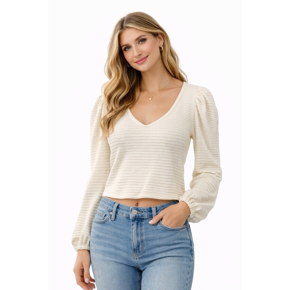Sadie And Sage‎ Cream Ribbed V Neck Puff Sleeve Boho Crop top Size Med USA Made